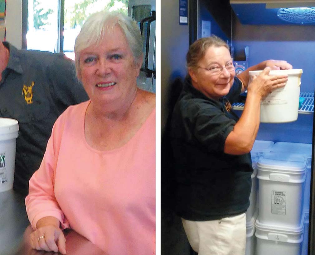 Left: Mary Pat Carlson. Right: JoAnne Penny finding ingredients in a cooler housed in the old Nicolet Bank vault.